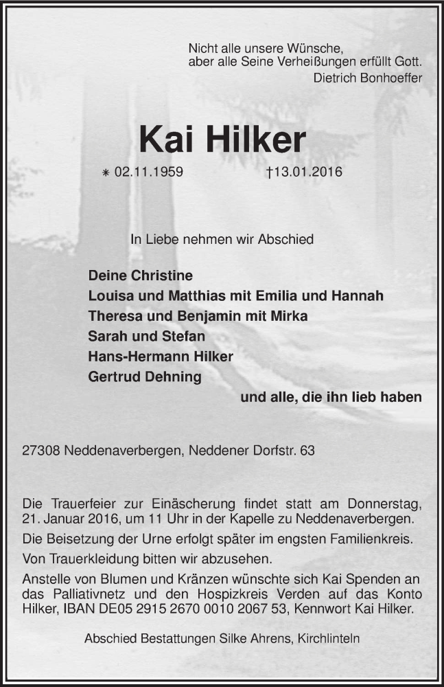  Traueranzeige für Kai Hilker vom 16.01.2016 aus KRZ