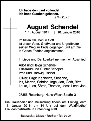 Traueranzeige von August Schendel von KRZ