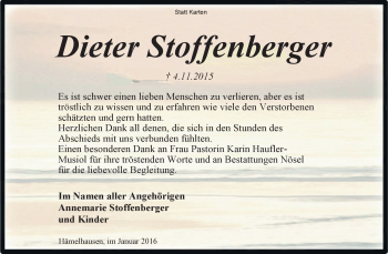 Traueranzeige von Dieter Stoffenberger von KRZ