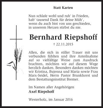 Traueranzeige von Bernhard Riepshoff von KRZ