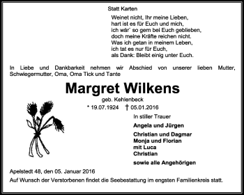 Traueranzeige von Margret Wilkens von KRZ