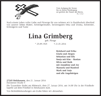 Traueranzeige von Lina Grimberg von KRZ