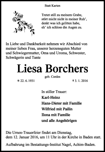 Traueranzeige von Liesa Borchers von KRZ