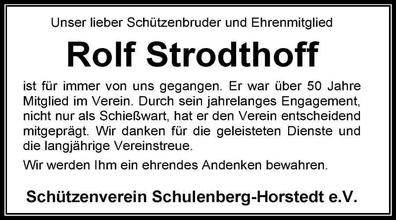  Traueranzeige für Rolf Strodthoff vom 20.01.2016 aus KRZ