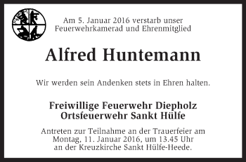 Traueranzeige von Alfred Huntemann von KRZ