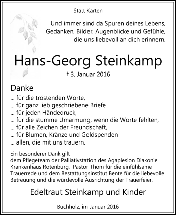 Traueranzeige von Hans-Georg Steinkamp von KRZ