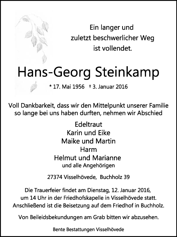  Traueranzeige für Hans-Georg Steinkamp vom 06.01.2016 aus KRZ