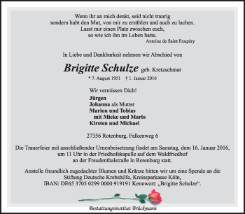 Traueranzeige von Brigitte Schulze von KRZ