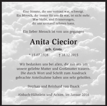 Traueranzeige von Anita Ciecior von KRZ