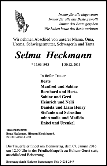 Traueranzeige von Selma Heckmann von KRZ