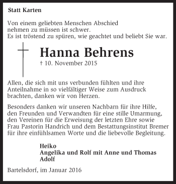 Traueranzeige von Hanna Behrens von KRZ