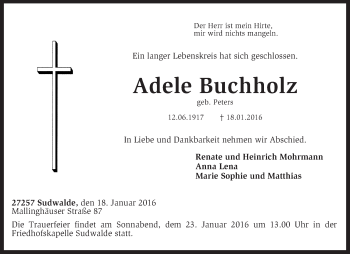 Traueranzeige von Adele Buchholz von KRZ