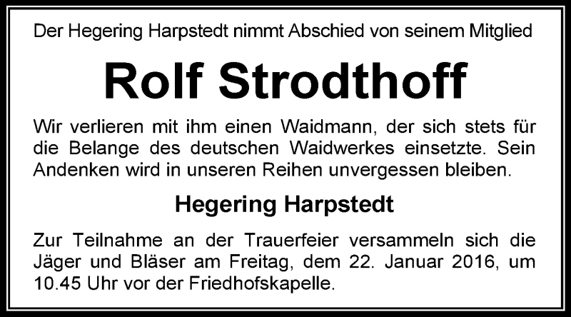  Traueranzeige für Rolf Strodthoff vom 21.01.2016 aus KRZ