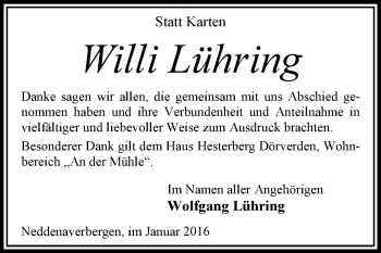 Traueranzeige von Willi Lühring von KRZ