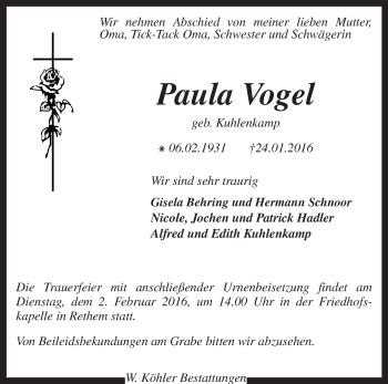 Traueranzeige von Paula Vogel von KRZ