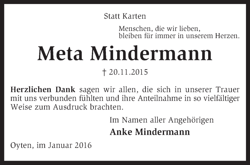  Traueranzeige für Meta Mindermann vom 08.01.2016 aus KRZ