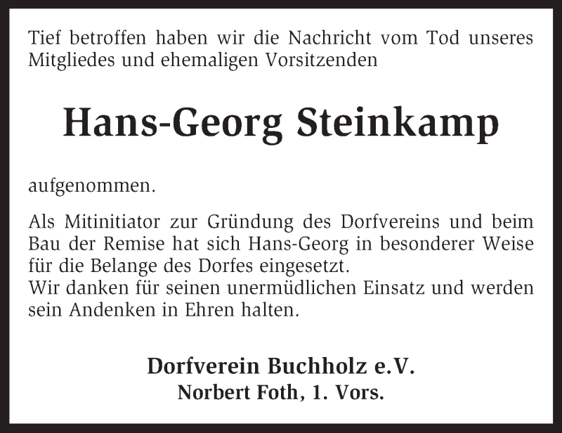  Traueranzeige für Hans-Georg Steinkamp vom 06.01.2016 aus KRZ