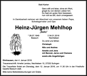 Traueranzeige von Heinz-Jürgen Mehlhop von KRZ