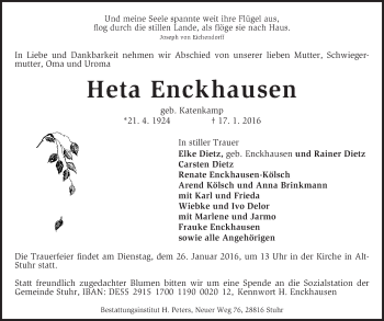 Traueranzeige von Heta Enckhausen von KRZ