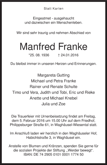 Traueranzeige von Manfred Franke von KRZ