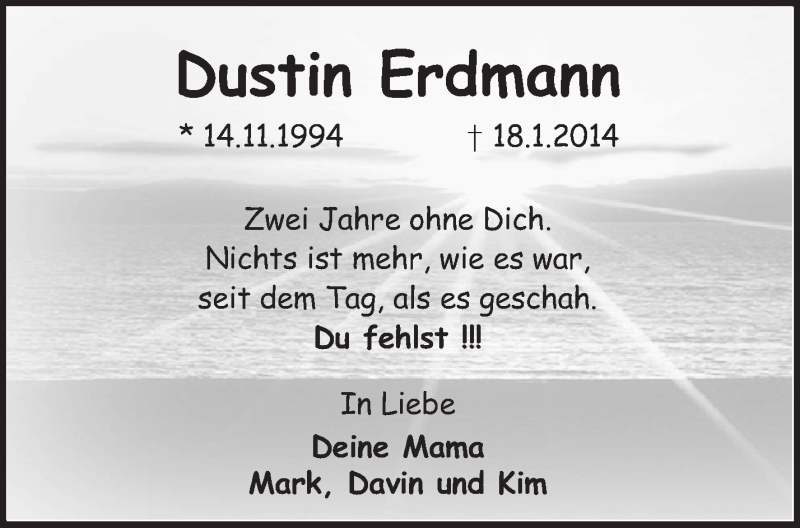 Traueranzeige für Dustin Erdmann vom 18.01.2016 aus KRZ