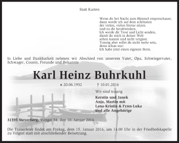 Traueranzeige von Karl Heinz Buhrkuhl von KRZ