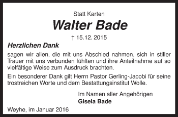 Traueranzeige von Walter Bade von KRZ