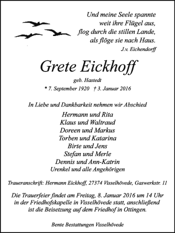 Traueranzeige von Grete Eickhoff von KRZ