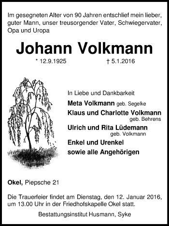 Traueranzeige von Johann Volkmann von KRZ