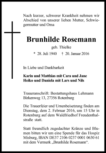 Traueranzeige von Brunhilde Rosemann von KRZ