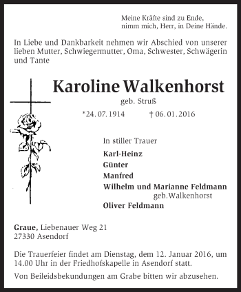 Traueranzeige von Karoline Walkenhorst von KRZ