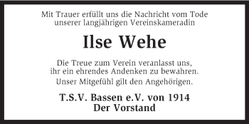 Traueranzeige von Ilse Wehe von KRZ