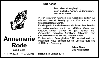 Traueranzeige von Annemarie Rode von KRZ