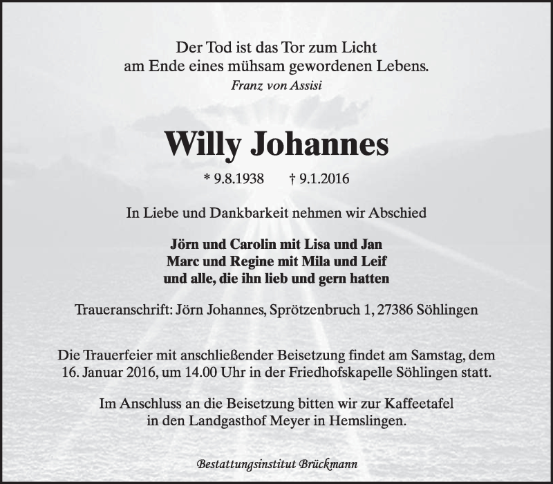  Traueranzeige für Willy Johannes vom 13.01.2016 aus KRZ