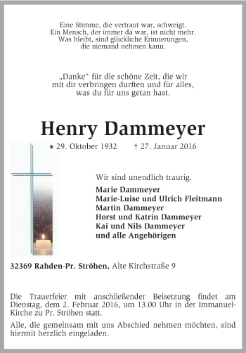 Traueranzeige von Henry Dammeyer von KRZ