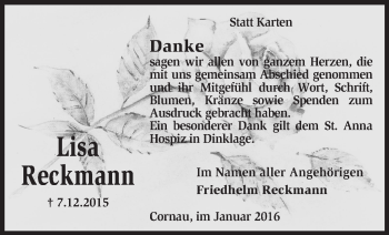 Traueranzeige von Lisa Reckmann von KRZ