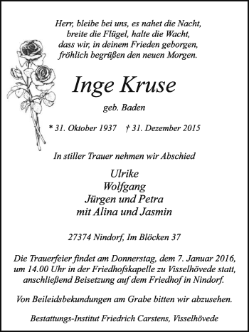 Traueranzeige von Inge Kruse von KRZ