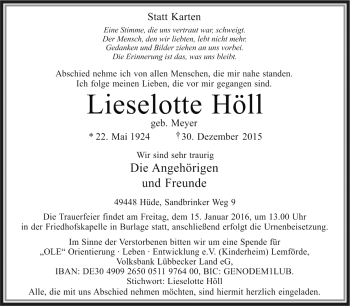 Traueranzeige von Lieselotte Höll von KRZ