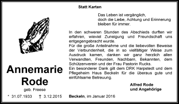 Traueranzeige von Annemarie Rode von KRZ