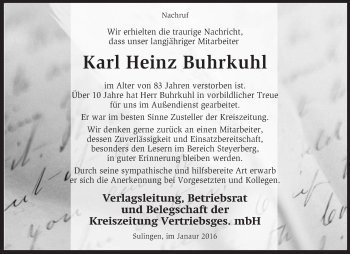 Traueranzeige von Karl Heinz Buhrkuhl von KRZ