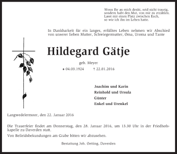 Traueranzeige von Hildegard Gätje von KRZ