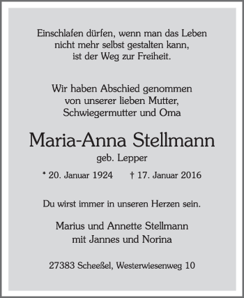 Traueranzeige von Maria-Anna Stellmann von KRZ