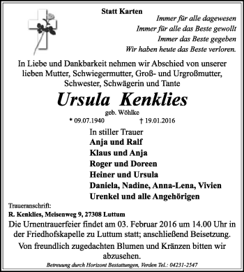 Traueranzeige von Ursula Kenklies von KRZ