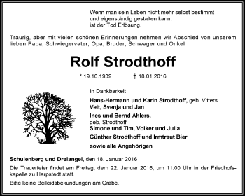 Traueranzeige von Rolf Strodthoff von KRZ