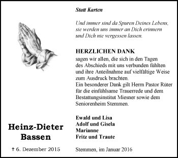 Traueranzeige von Heinz-Dieter Bassen von KRZ