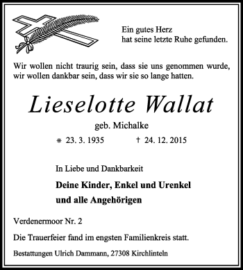 Traueranzeige von Lieselotte Wallat von KRZ