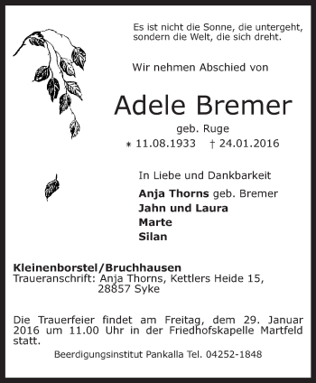 Traueranzeige von Adele Bremer von KRZ