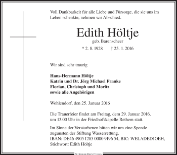 Traueranzeige von Edith Höltje von KRZ