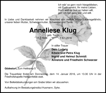 Traueranzeige von Anneliese Klug von KRZ