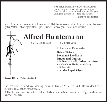 Traueranzeige von Alfred Huntemann von KRZ